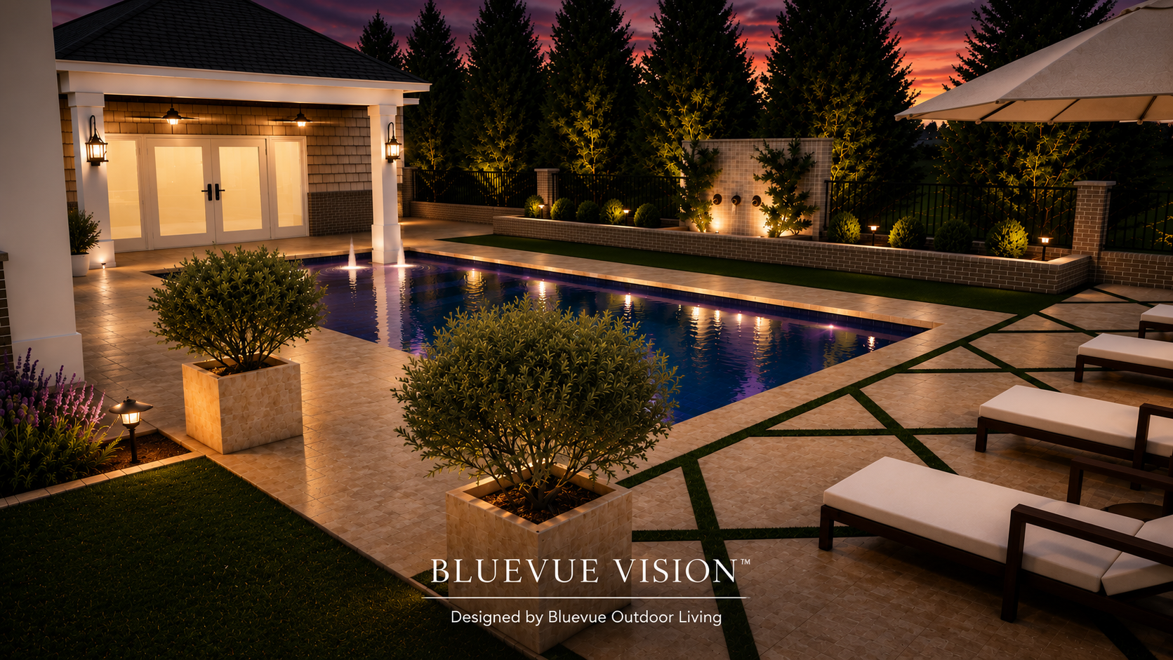 Bluevue Vision photorealistic visualization of a luxury outdoor living environment at twilight
