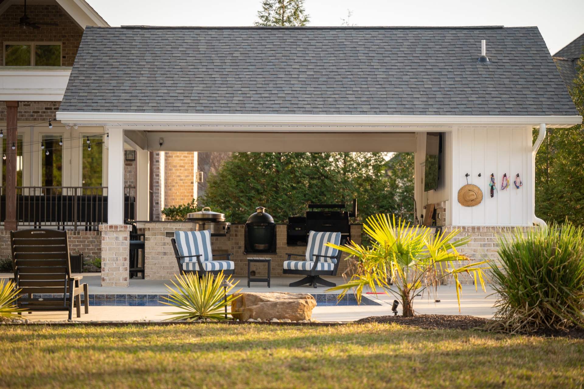 Poolside pavilion at golden hour